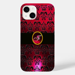 COQUE POUR iPhone 14 MONOGRAMME EN PIERRE DE GEM BLACK BURGUNDY ROUGE