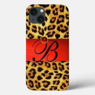 iPhone 13 CASE MONOGRAMME EN PIERRE ROUGE DE LA FOURRURE LÉOPARDE