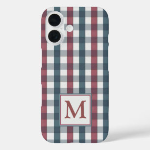 Coques iPhone 16 Monogramme en plaid rouge, blanc et bleu