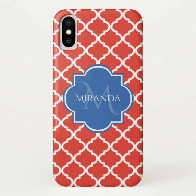 Coques Case-Mate iPhone Monogramme et nom bleu Quatrefoil rouge tendance (Dos)