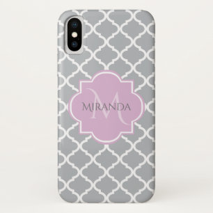 Coques Pour iPhone Monogramme et nom de la lavande de Quatrefoil gris