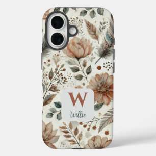 Coques iPhone 16 Monogramme et nom floral de Boho personnalisé