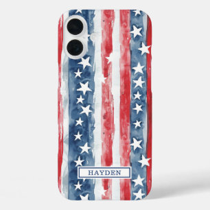 Coques iPhone 16 Plus Monogramme Étoiles et Bandes Aquarelle Patriotique