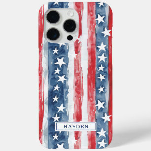 Coque iPhone 15 Pro Max Monogramme Étoiles et Bandes Aquarelle Patriotique