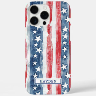Coques iPhone 16 Pro Max Monogramme Étoiles et Bandes Aquarelle Patriotique