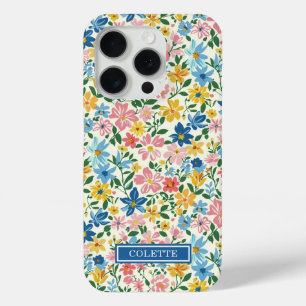 Coque iPhone 15 Pro Monogramme Fleurs Ditsy Bleu et Jaune