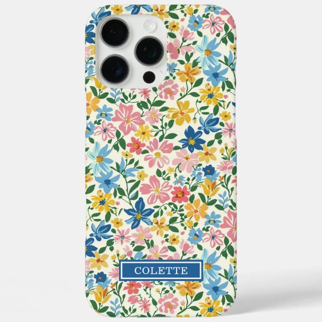 Coques Case-Mate iPhone Monogramme Fleurs Ditsy Bleu et Jaune (Verso)