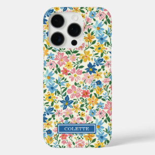 Coques iPhone 16 Pro Monogramme Fleurs Ditsy Bleu et Jaune
