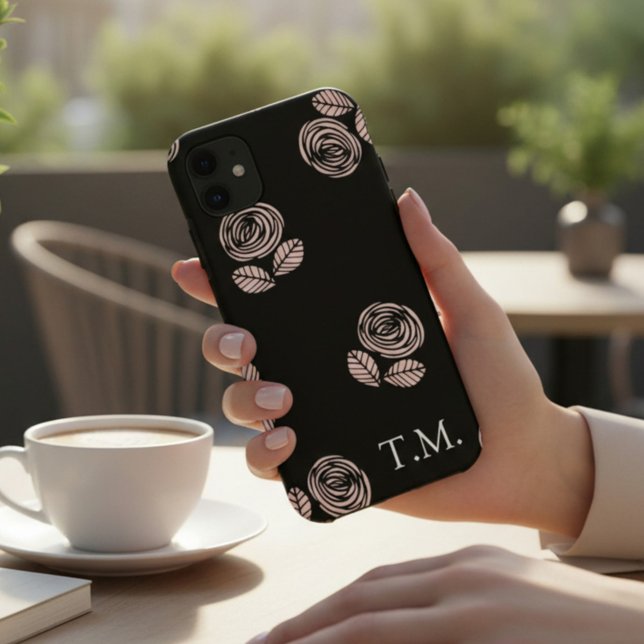Coques Case-Mate iPhone Monogramme Fleurs Noires et Roses (Créateur téléchargé)