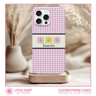 Coque Pour iPhone 15 Monogramme floral à carreaux roses