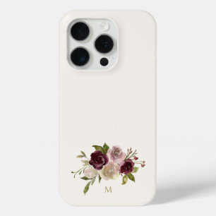 Coque iPhone 15 Pro Monogramme Floral Aquarelle Rose Bourguignon Moder