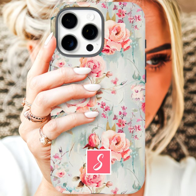 Coques Case-Mate iPhone Monogramme floral aquarelle rose et pêche (Créateur téléchargé)