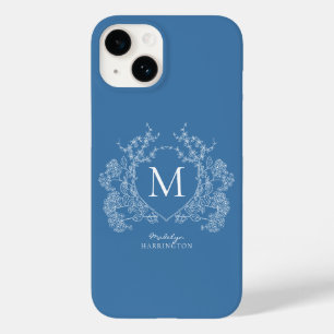 Coque Pour iPhone 14 Monogramme Floral Bleu Moderne