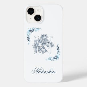 Coque Pour iPhone 14 Monogramme floral bleu "N" calme