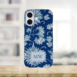 Coques iPhone 16 Monogramme Floral Chinois Bleu