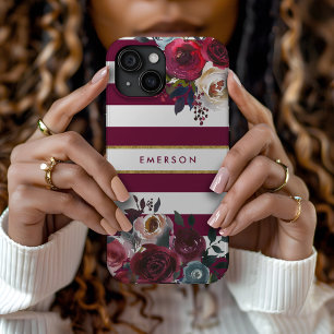 Coque Pour iPhone 15 Monogramme floral de Boho Bourgogne et or