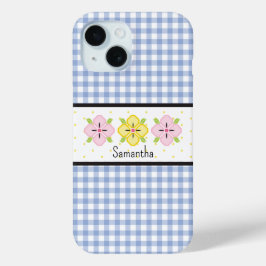 Coque Pour iPhone 15 Monogramme floral En vichy bleu