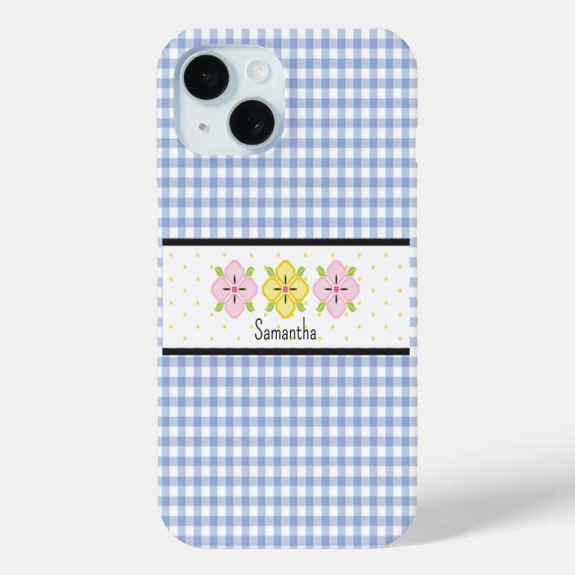 Coques Case-Mate iPhone Monogramme floral En vichy bleu (Verso)
