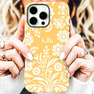 Coques iPhone 16 Pro Max Monogramme Floral Jaune Fleur Sauvage Rétro