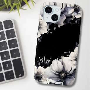 Coque Pour iPhone 15 Monogramme floral noir et blanc