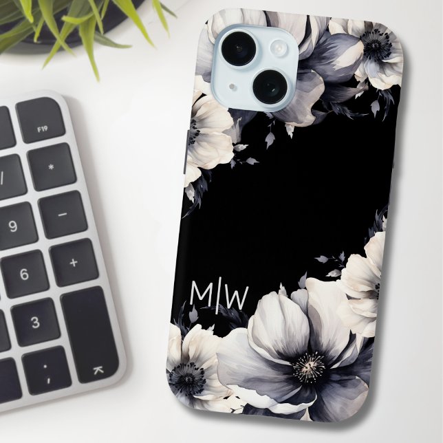 Coques Case-Mate iPhone Monogramme floral noir et blanc (Chic Elegant Modern Floral Black White Monogram Case-Mate iPhone Case)