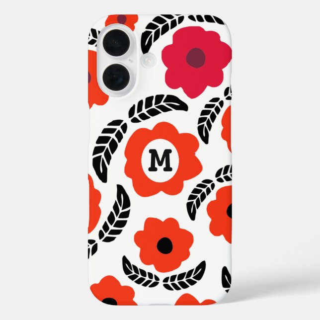 Coques Case-Mate iPhone Monogramme floral orange et rouge moderne (Verso)
