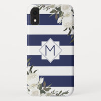 Monogramme floral rayé bleu marine avec roses blan