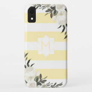 Case-Mate iPhone Case Monogramme floral rayé jaune avec roses blanches