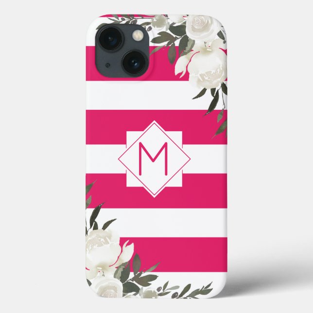Coques Case-Mate iPhone Monogramme Floral rose chaud avec roses blanches (Verso)