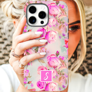 Coques iPhone 16 Pro Max Monogramme Floral Rose Et Teint Élevé Vintage