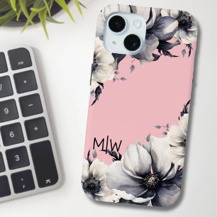 Coque Pour iPhone 15 Monogramme floral rose noir blanc