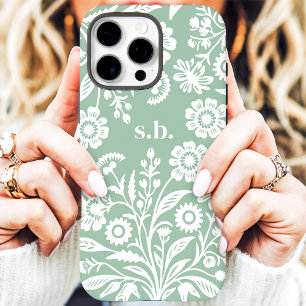 Coques iPhone 16 Pro Max Monogramme Floral Vert Menthe Fleur Sauvage Rétro