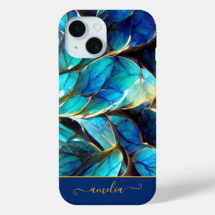 Coque Pour iPhone 15 Monogramme Fractal en Verre à Gradient Bleu Abstra