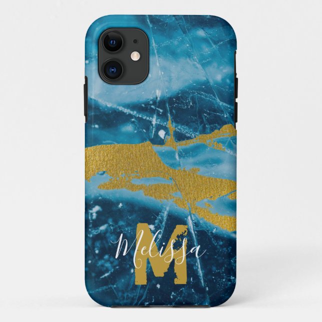 Coques Case-Mate iPhone Monogramme Géode Agate Gemstone Bleu et or (Dos)