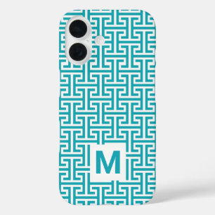 Coques iPhone 16 Monogramme géométrique bleu et blanc