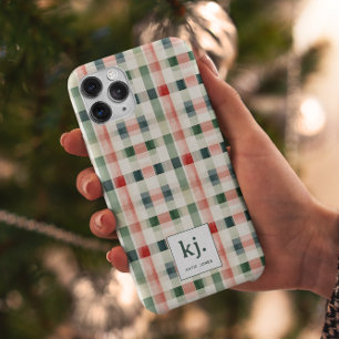 Coque iPhone 15 Pro Monogramme Gingham Vert Émeraude Doux