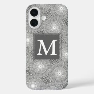 Coques iPhone 16 Monogramme gris cercles motif
