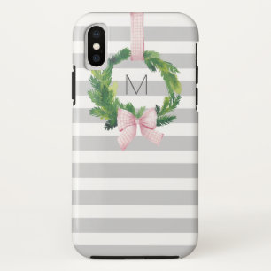Coque Case-Mate Pour iPhone Monogramme gris de guirlande de Noël de rayure
