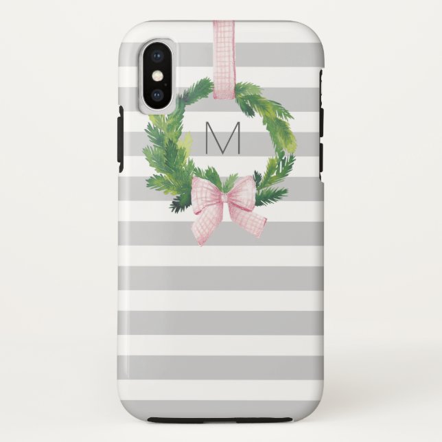 Coques Case-Mate iPhone Monogramme gris de guirlande de Noël de rayure (Dos)