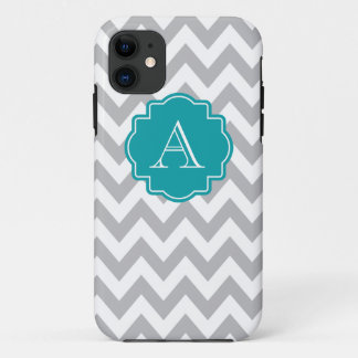 Coques Pour iPhone Monogramme gris et blanc de Chevron Teal