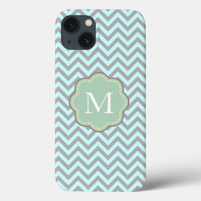 Coques Case-Mate iPhone Monogramme gris et bleu Chevron (Verso)