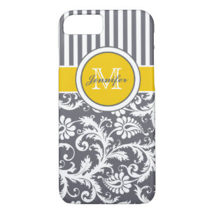 Etui iPhone Case-Mate Monogramme gris jaune blanc rayé Damas