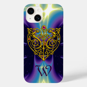 COQUE POUR iPhone 14 MONOGRAMME HYPER VALENTINE/COEUR D'OR EN PURPLE BL