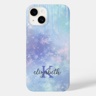 Coque Pour iPhone 14 Monogramme Icicles Snowflakes Bleu pourpre tendanc