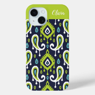Coque Pour iPhone 15 Monogramme Ikat Paisley Navy et Vert