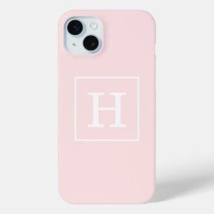 Coque iPhone 15 Mini Monogramme Initial Cadre Rose Clair Blanc