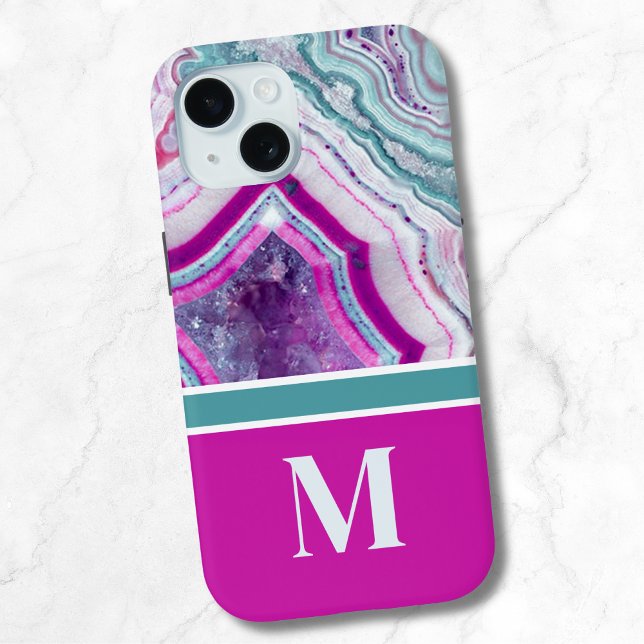 Coques Case-Mate iPhone Monogramme Initial en Pierre Moderne (Stylish Modern Teal Magenta Stone Initial Monogram iPhone 15 Case)