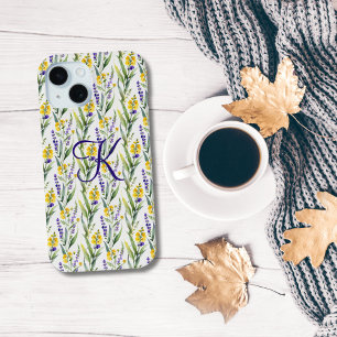 Coque Pour iPhone 15 Monogramme Initial Fleurs Sauvages Violettes Jaune