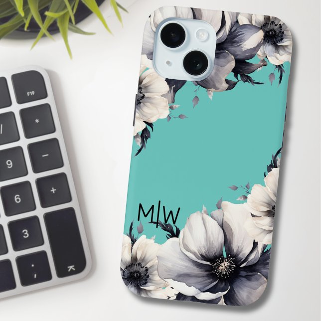 Coques Case-Mate iPhone Monogramme Initial Floral Élégant Mignon (Chic Stylish Floral Teal Blue Black White Monogram Case-Mate iPhone Case)