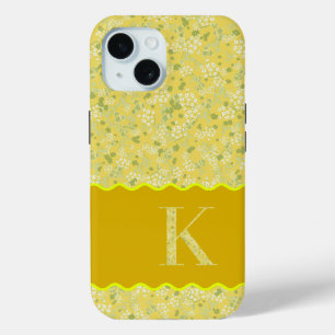 COQUE POUR iPhone 15 MONOGRAMME INITIAL K JAUNE PETITES FLEURS